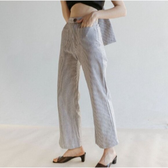 Lykke Wullf Pants - Lykke Wullf Basil Striped Linen Pants Size XS Cropped Wide Leg